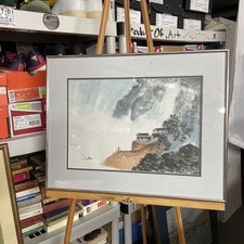 Original Chinese Watercolor Painting Of Home By Mountain Waterfalls- Calligraphy