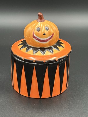 Potters Studio Ceramic Smiling Pumpkin Lidded Canister Orange Black Halloween