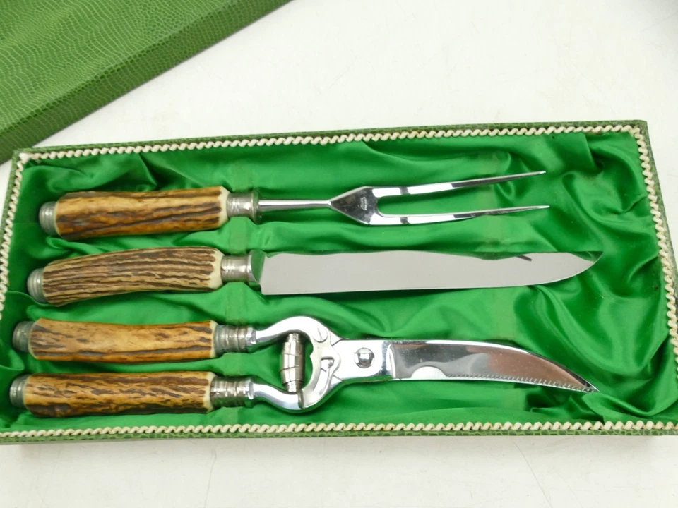 Jäger Messer Tranchierset Gabel Geflügelschere Horngriffe top Vintage Z-4594 - Bild 2 von 4