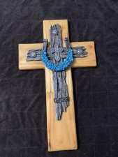 Oak Wall Cross Layered With A Rustic Western Cross and Faux Turquoise Horseshoe
