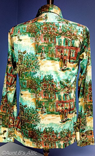 Country Scene Vintage Men's 70's Bl/Red Multi Acetate/Nylon Art Print Shirt Sm - Picture 5 of 7