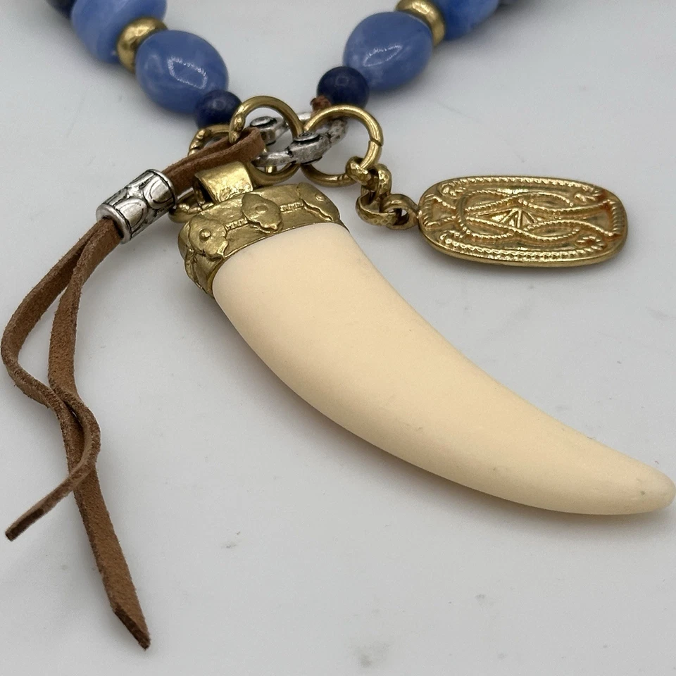 Chico’s Blue Bead Necklace w/ Resin Tusk Pendant & Gold Tone Charms Adjustable - Image 4 of 4