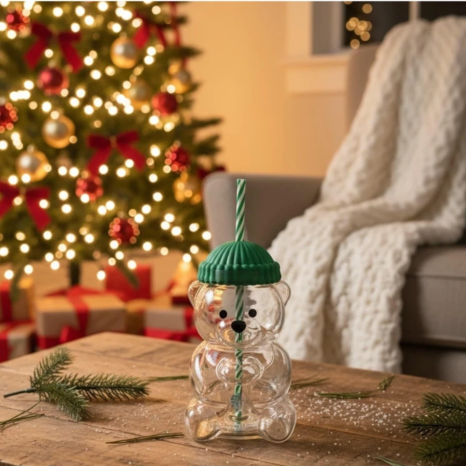 2025 Bearista Bear Beanie Glass Tumbler 20oz Cold Coffee Cup Green Straw - Image 4 of 4