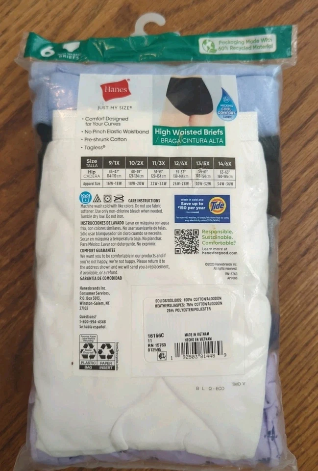 Hanes 6 Tagless High Waisted Briefs Underwear Womens 11/3x Blue Purple Cotton - Image 2 of 4