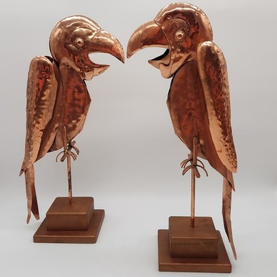 Vintage Hammered Copper Parrot Sculpture Pair Mid Century Modern Bird Statues