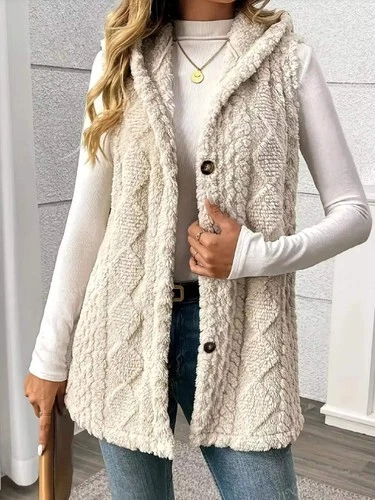 Button Up Plush Hooded Vest Coat