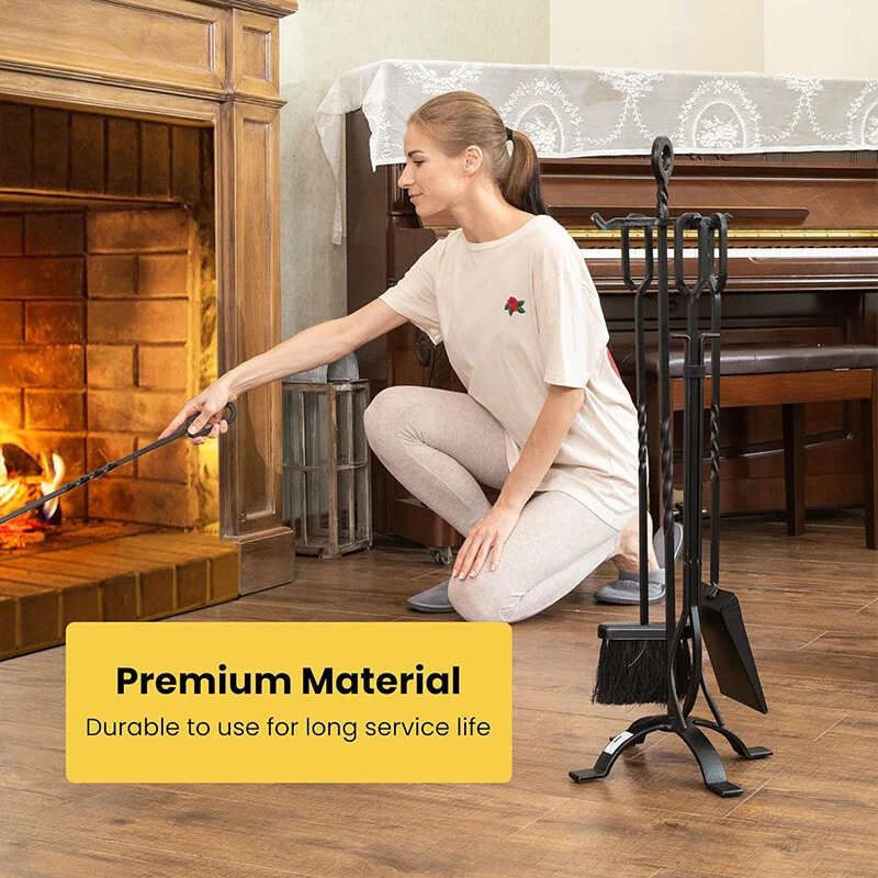 Juego de herramientas de chimenea de hierro forjado de 5 piezas con pinzas de póker cepillo de pala estufa de leña Foto 2 de 4