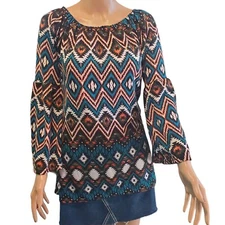 Win Win S/M Bell Sleeve Bohemian Aztec Orange Blue-Green Tunic Top