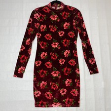 Forever 21 Burgundy Red Velour Floral Dress Sz S Long Sleeve Stretch Statement