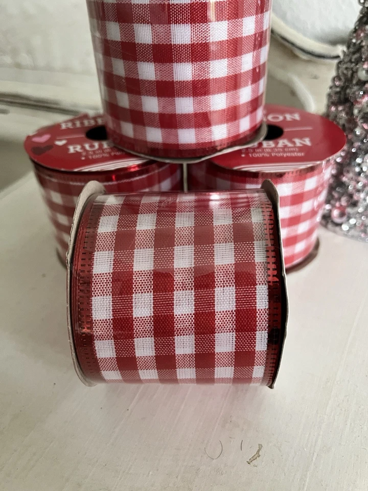 "Cinta con cable grande roja y blanca a cuadros de guinga de 2,5"" de ancho X 9 pies artesanías navideñas" Foto 3 de 4