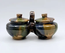 Vintage Handmade Ceramic Drip Glaze Condiment Dishes Bowls With Lids