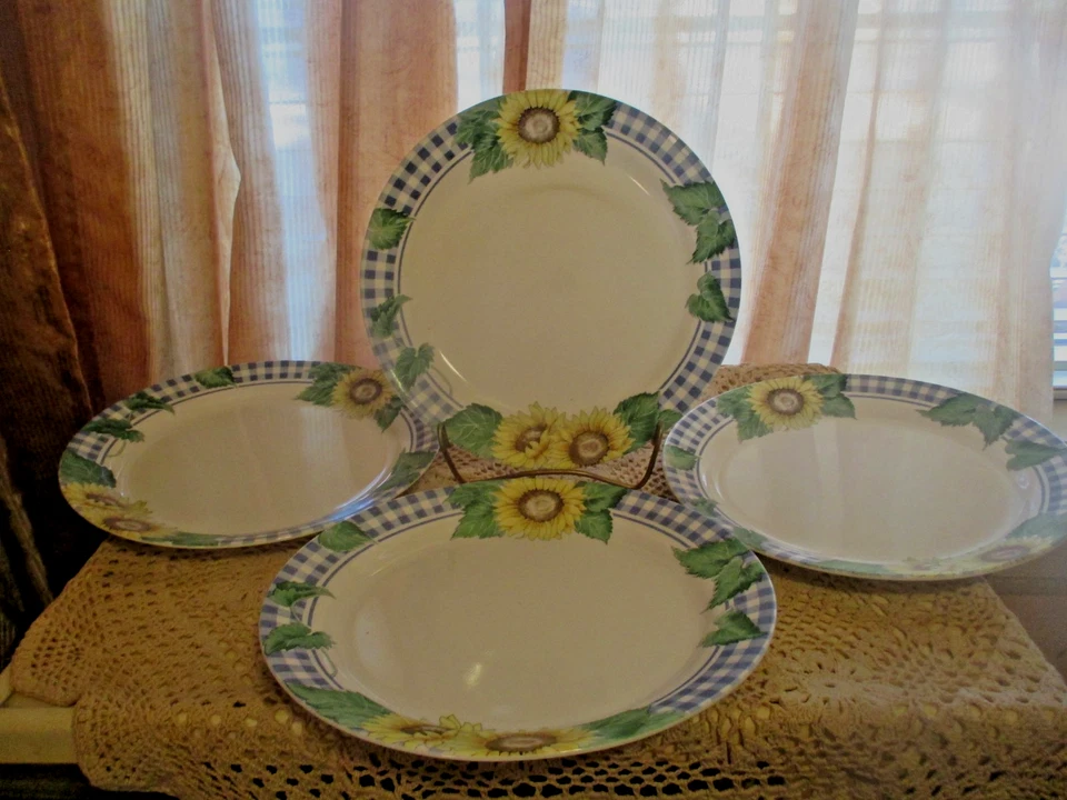 Corelle By Corning SUNSATIONS Blue Plaid Yellow Sunflowers Dinner Plates Set 4 - Image 2 of 4