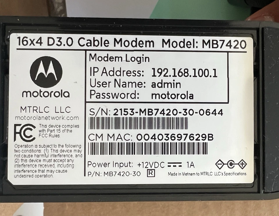 Motorola MB7420 (16x4) Cable Modem DOCSIS 3.0 - Image 4 of 4