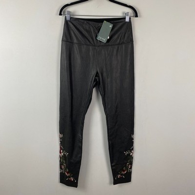 Lysse Faux Leather Floral Embroidered Leggings Size Medium Black Stretch