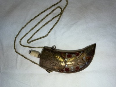 Antique Brass and Bone Snuff Bottle With Inlay Detail And Chain Top