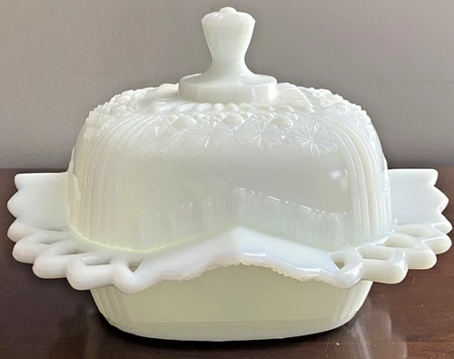 Milk Glass Covered Butter Dish 1880's Bryce Brothers- Fashion /Daisy & Button