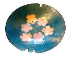  VINTAGE HAND PAINTED FLOWERS METAL BLUE ASHTRAY 7" MCM BOHO 