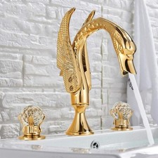 Golden Swan Shape Bathroom 3 Holes 2 Crystal Handles Basin Sink Faucet Mixer Tap