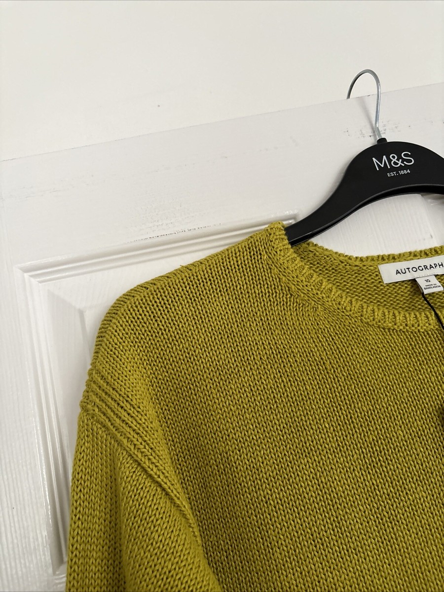 AUTOGRAPH M&S WOMENS PURE LINEN LIME YELLOW KNITTED CREW NECK JUMPER Size 10