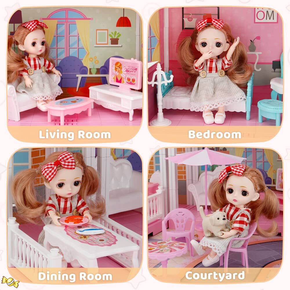Mini Tudou Dollhouse Dreamhouse for Girls, Doll House with Lights, Play