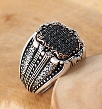 Solid 925 Sterling Silver Micro Black Zircon Stone Men's Ring