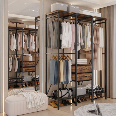 XXL Industrial Clothes Rail Rack Dust-proof Open Wardrobe Stand w/Drawer Shelves