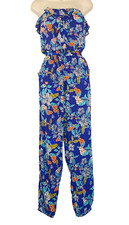 NWT ANGIE blue floral strapless jumpsuit, tapered rayon ruffle pantsuit harem M
