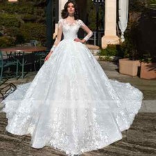 Holiness White Wedding Dress Crewneck Tulle Long Sleeve Decal Beaded Bridal Gown