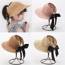 Summer Toddler Girls Straw Visor Hat Wide Brim Bowknot UV Beach Sun Hat Foldable