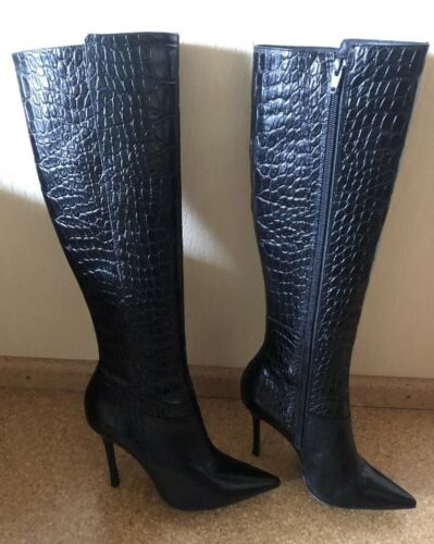 Buffalo stivali da donna tacco alto pelle neri a stiletto stivali al ginocchio taglia 38 - Foto 1 di 5
