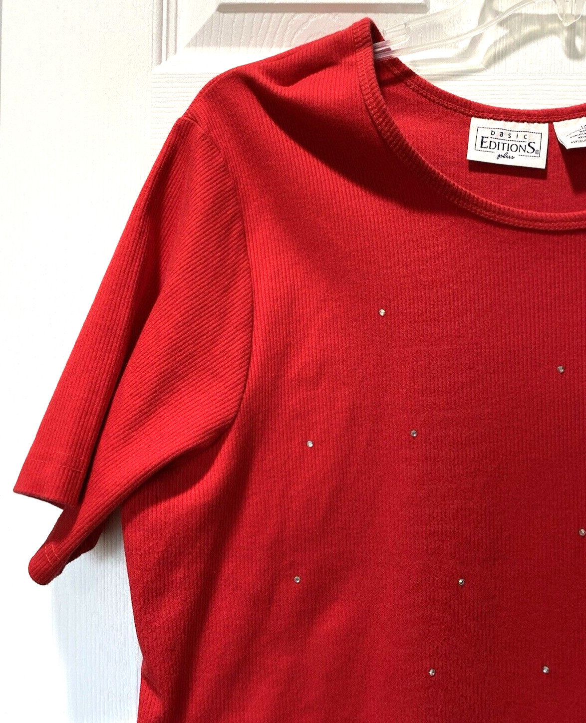 Basic Editions Pullover Top Red w/Crystals Short … - image 5