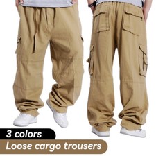 Men's Multiple Pockets Cargo Pants Oversized Wide Leg Elastic Waist Loose Pants.