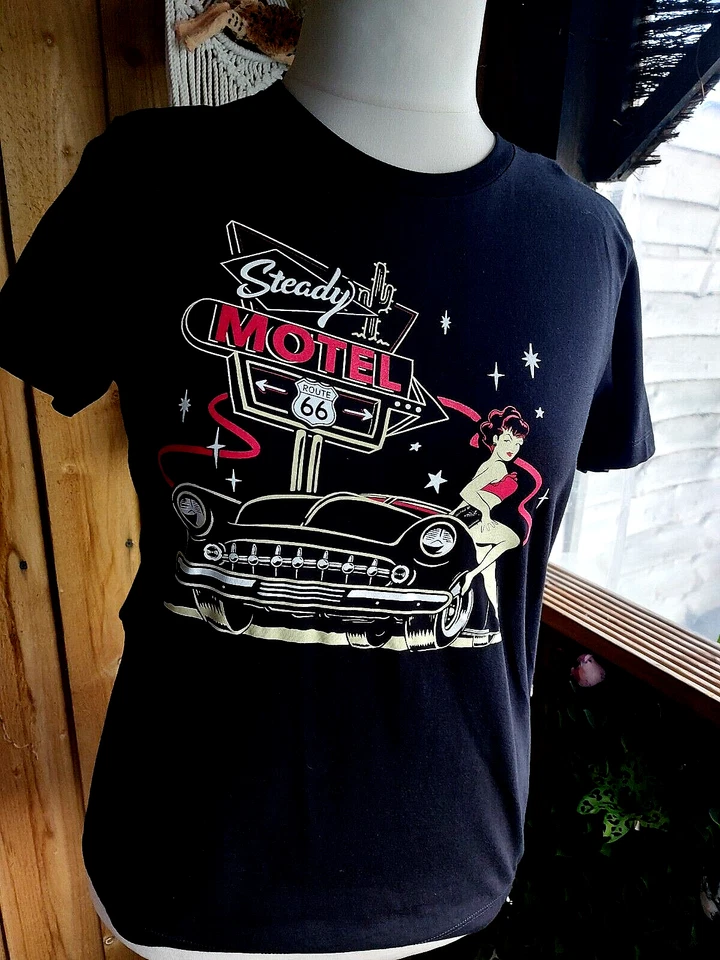 XL 14 STEADY CLOTHING T SHIRT MOTEL 66 ROCK N ROLL ROCKABILLY 50S CAR XMAS GIFT - image 2 of 4