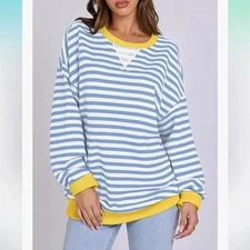 NWT Anrabess Blue White Striped Oversized Baggy Cozy Pullover Sweatshirt SZ XL