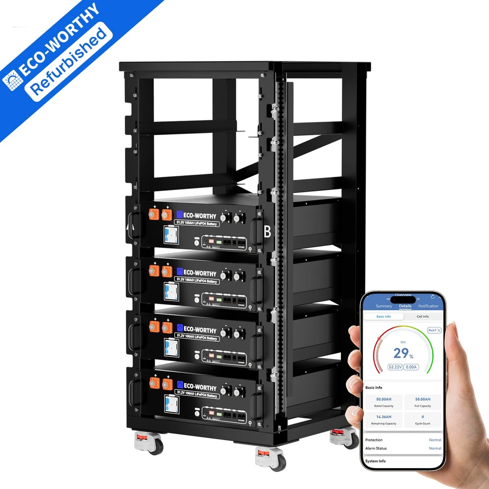 ECO-WORTHY 4Pack 48V 100Ah 20.48KWh Server Rack LiFePO4 Battery Bluetooth V3