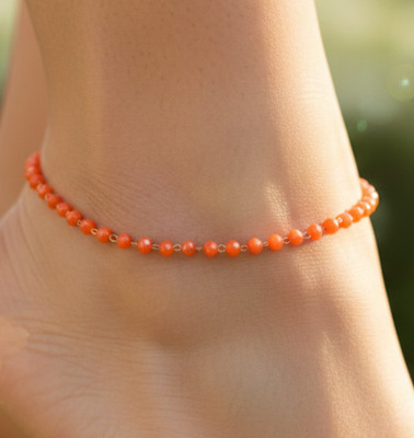 Elegant Minimalist Beaded Boho Anklet Coral Orange Stone Gold Tone Plated Anklet