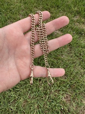 Antique 9k Solid Gold Graduated Albert Curb Chain Double Dog Clips, T-Bar, 1901