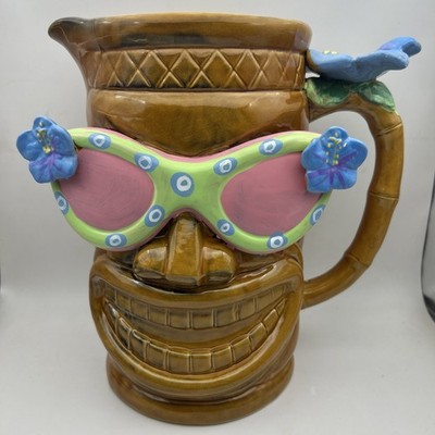 Large Tiki Bar Pitcher 9.5” Ceramic Smiling Floral sunglasses