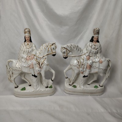 Pair Antique Staffordshire Scottish Hunter on Horseback Figurine Deer Gold Gild