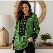 TORY BURCH 100% Cotton Green And Black Geometric VNeck LS Tunic Blouse Top Sz 6