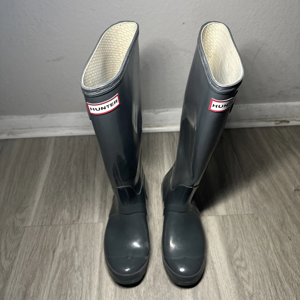 Botas de borracha Hunter originais altas femininas joelho alto brilho cinza chuva EUA 5M - Imagem 3 de 4