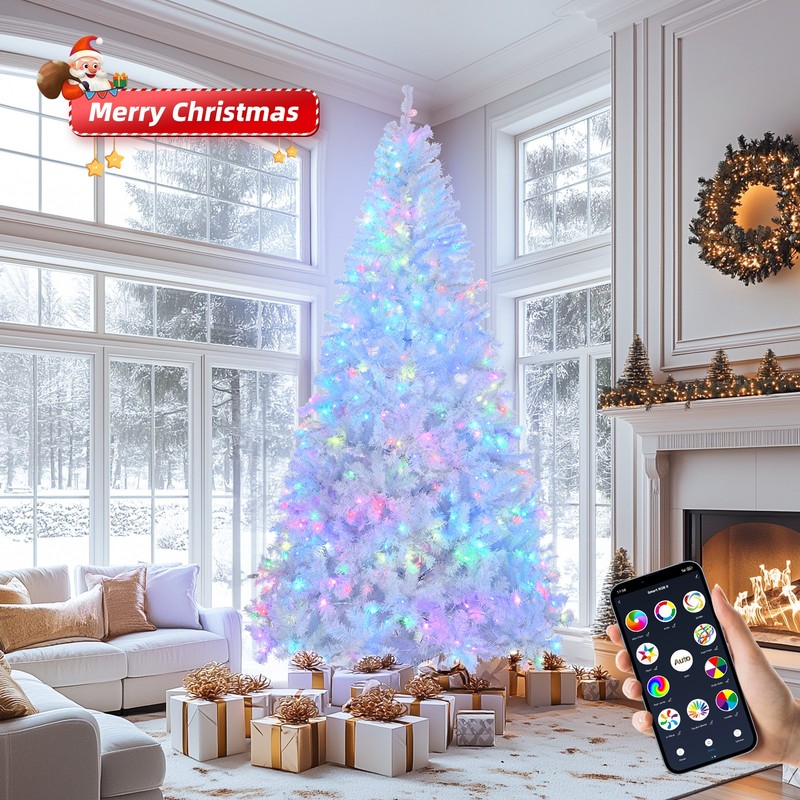 Christmas Tree 8FT White Snow 1500 Branches W/ Lights Holiday Xmas Decoration US