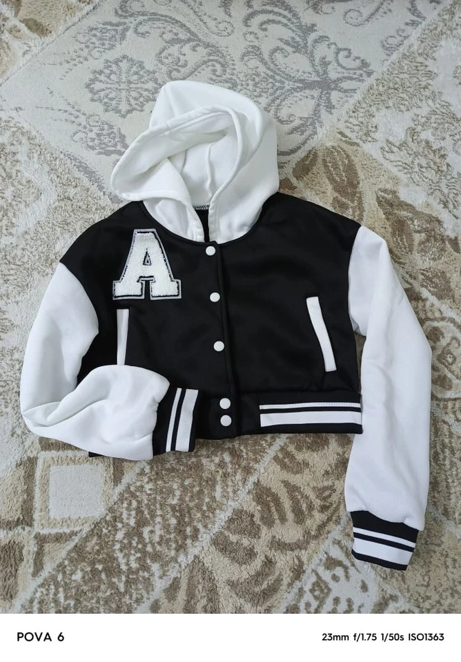 Women's Jackets Letter Patched Striped Trim Drop Shoulder Crop Bomber Fashion - Image 3 of 4