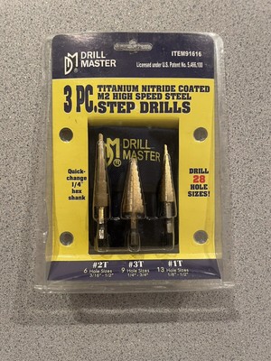 Drill Master #91616 3 Piece Titanium Nitride Coated M2 High Speed Steel Step NEW