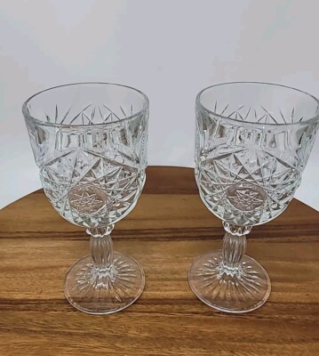 Vintage Libbey Hobstar Clear Glass Star Burst Wine/Water Goblets ~ Set of 2