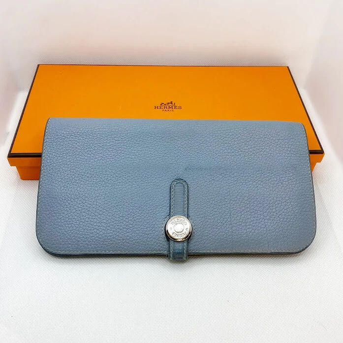 HERMES Bi-fold Long Wallet Dogon 120565 Taurillon Clemence Leather Blue  with Box