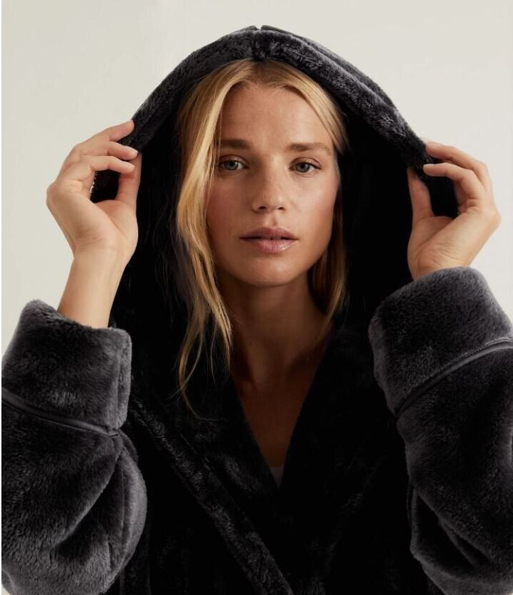 NEW M&S ROSIE Luxury Charcoal Fleece Hooded Dressing Gown Size LARGE UK