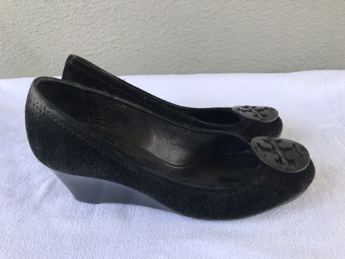 TORY BURCH Sally Black Suede US Slip-On Wedge-Heel Logo Pumps Shoes B