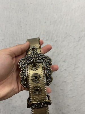 Vintage Leatherock Big Buckle Jeweled Belt Large Tan  display picture 3
