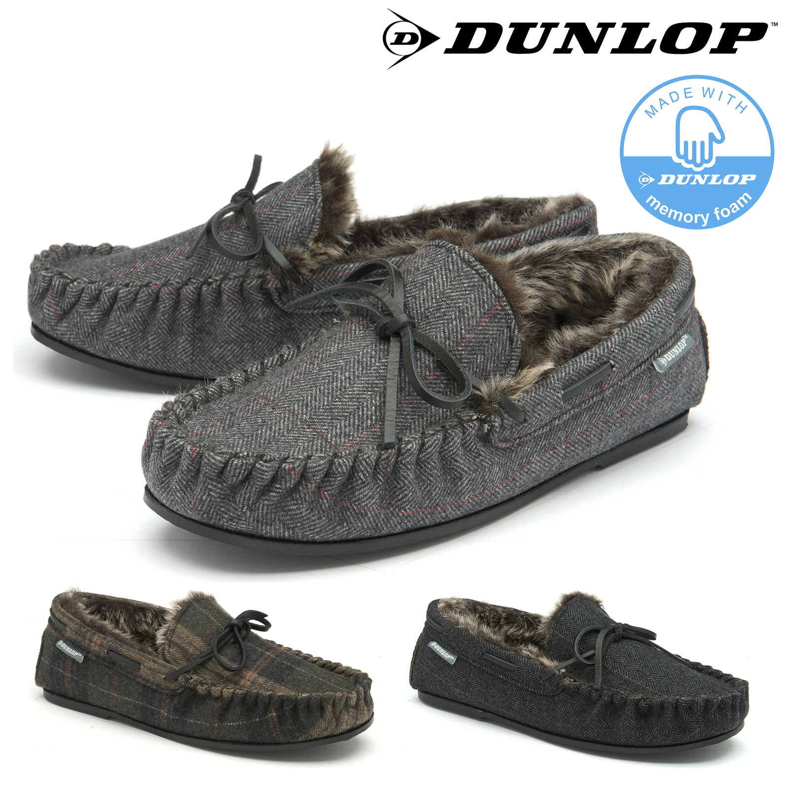 Dunlop Mens Moccasin Slippers Faux Fur 